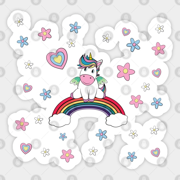 Unicorn Sits On A Rainbow With Hearts And Flowers Sticker by brodyquixote